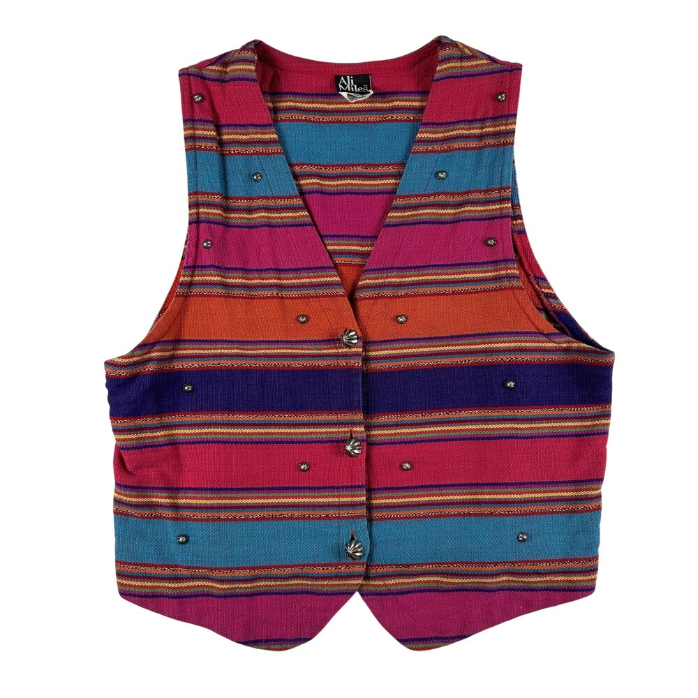 Vtg Ali Miles Vest Womens Large Multicolor Striped Button Studded Western Boho